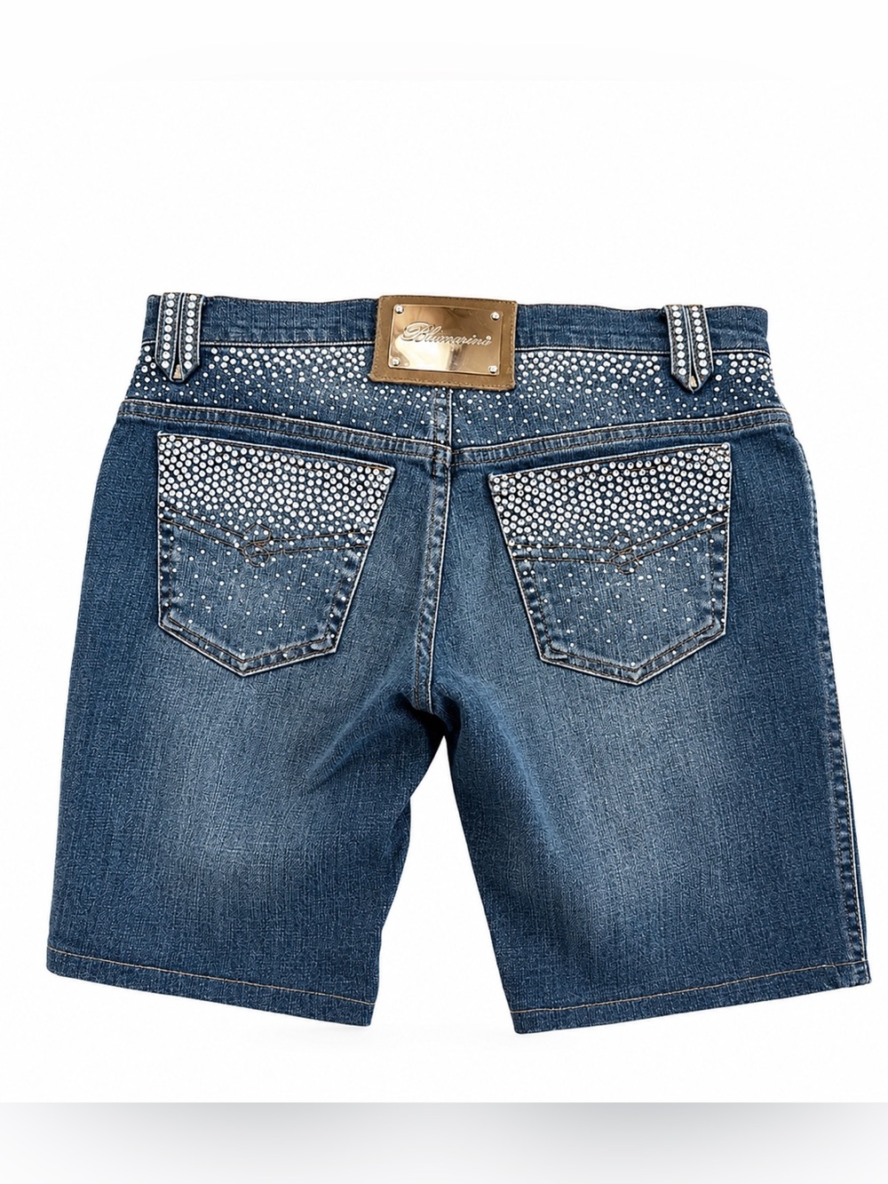 Vtg. Y2K Blumarine US 4 Swarovski‎ Crystal Embellished Denim Shorts Logo Plaque